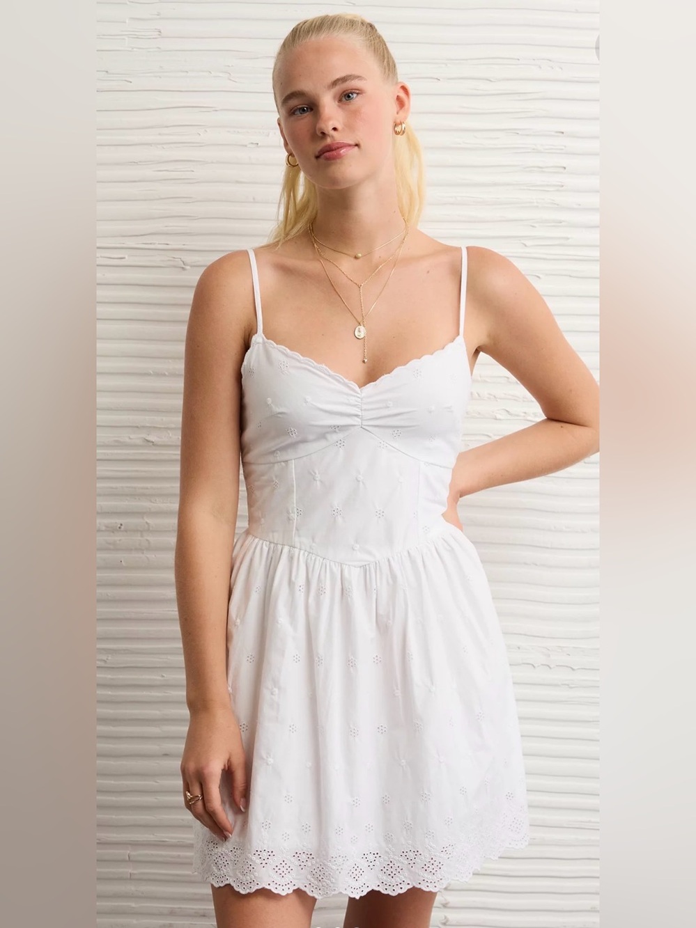 AE V-Neck Embroidered Scallop-Hem Mini Dress